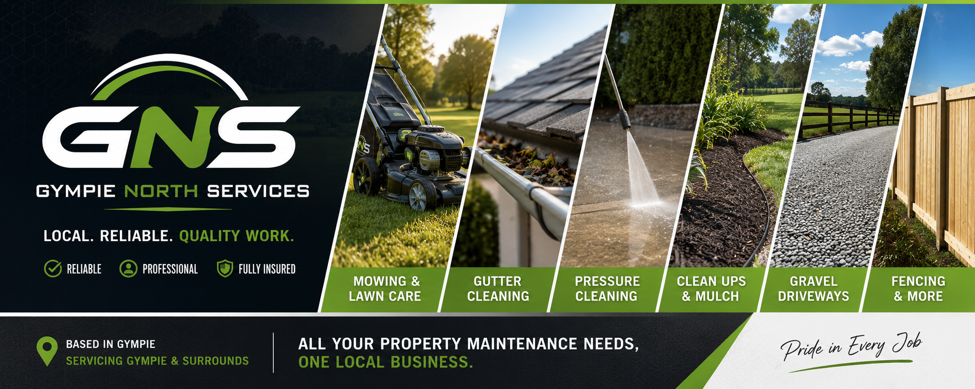 Gympie North Services — mowing, gutter cleaning, pressure cleaning, clean ups & mulch, gravel driveways, fencing and more. Local, reliable, quality work.